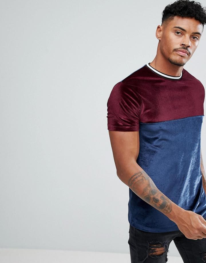 Asos T-shirt In Velour With Contrast Yoke And Tipping - Navy
