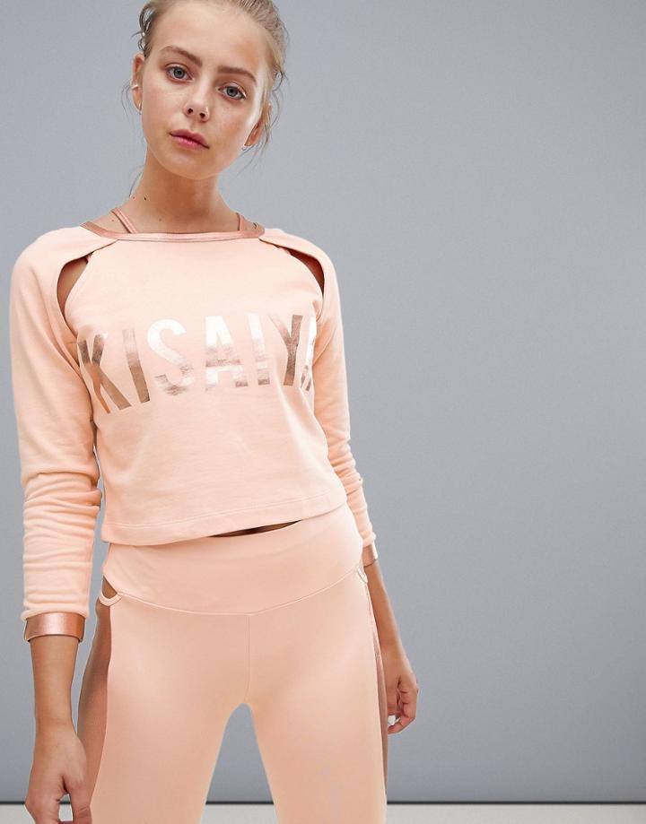 Kisaiya Metallic Cut Out Shoulder Crop Sweater - Pink