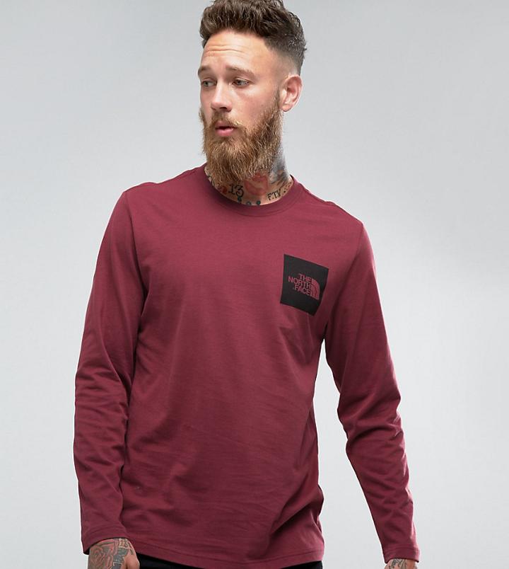 The North Face Fine Long Sleeve Top Square Logo In Burgundy Exclusive To Asos - Red