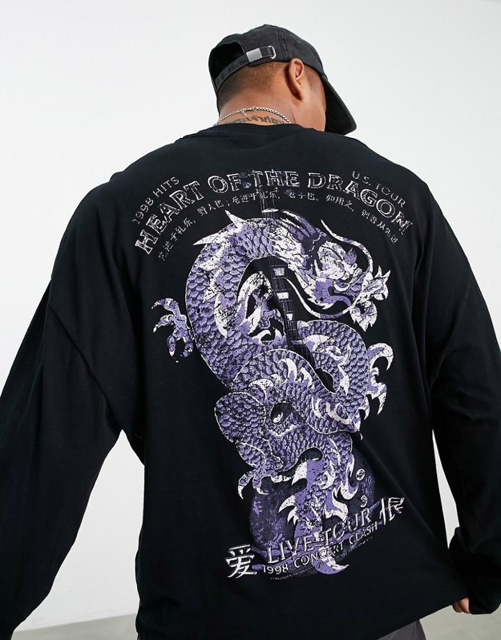 Asos Design Oversized Long Sleeve T-shirt In Black With Dragon Back Print