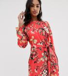Prettylittlething Tie Front Mini Dress In Red Floral - Multi