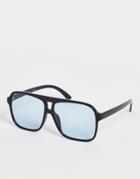 Monki Oversized Blue Lens Sunglasses In Black
