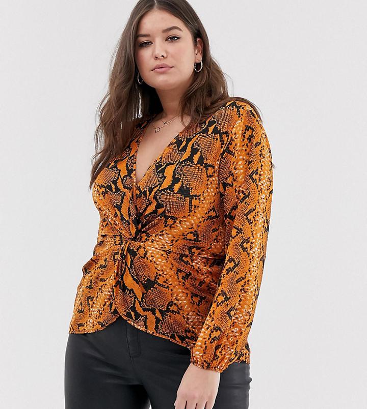 Asos Design Curve Long Sleeve Twist Front Top In Snake Animal Print-multi