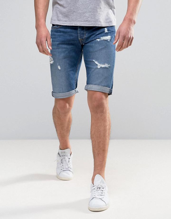 Pepe Cash Regular Fit Denim Short Medium Destroyed Wash - Blue