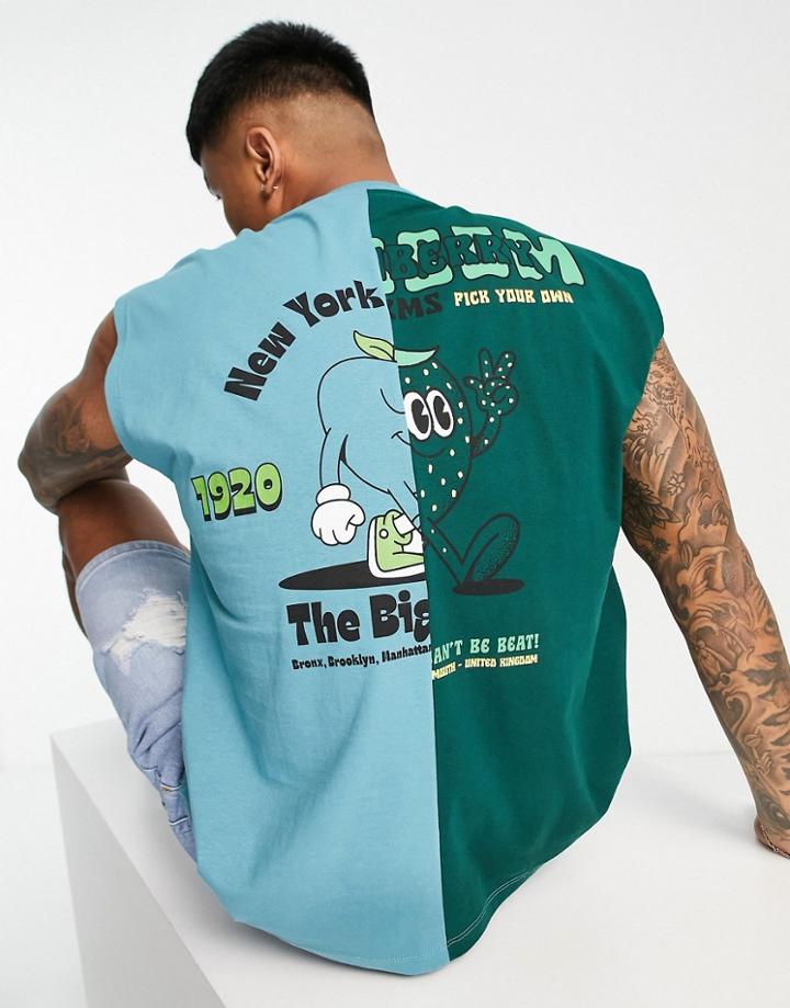 Asos Design Oversized Tank Top In Green With Spliced Sports Print