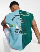 Asos Design Oversized Tank Top In Green With Spliced Sports Print