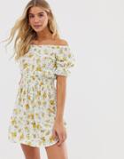Miss Selfridge Bardot Mini Dress With Shirred Waist In Floral Print - Cream