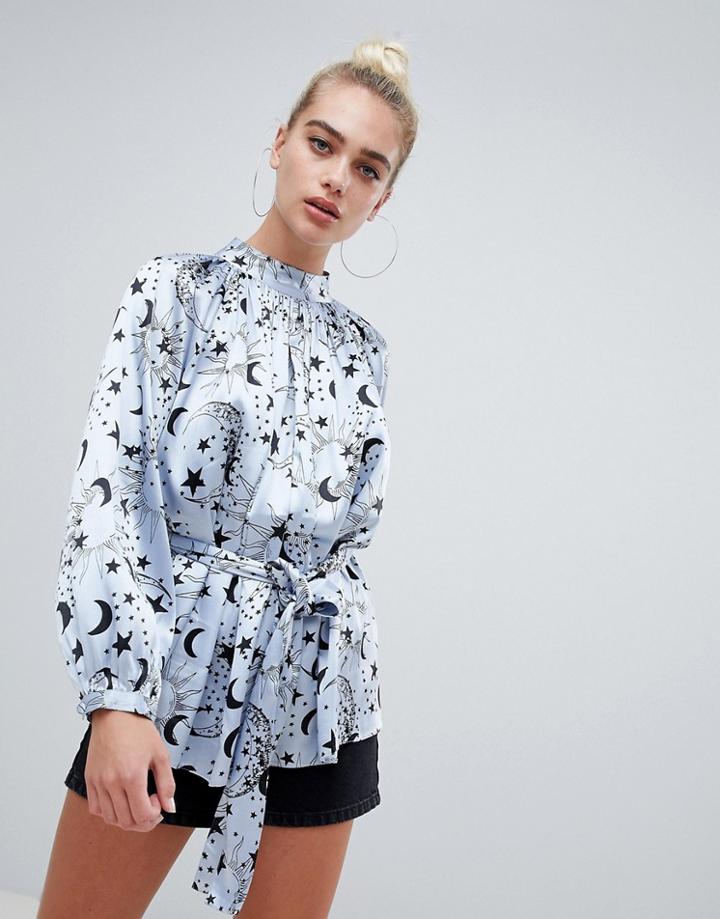 Asos Design High Neck Satin Blouse In Moon And Star Print - Multi