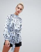 Asos Design High Neck Satin Blouse In Moon And Star Print - Multi