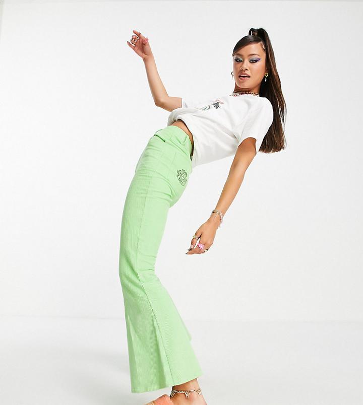 Daisy Street X Bratz High Waist Corduroy Flares With Bratz Kiss Pocket-green