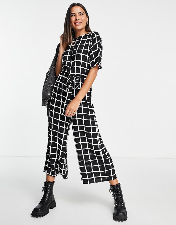 Asos Design Woven Tie Waist Jumpsuit In Mono Grid Check Print-multi