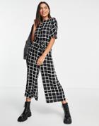 Asos Design Woven Tie Waist Jumpsuit In Mono Grid Check Print-multi