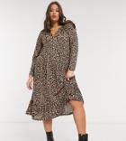 Asos Design Curve Midi Smock Dress With Grandad Collar In Animal Print-brown