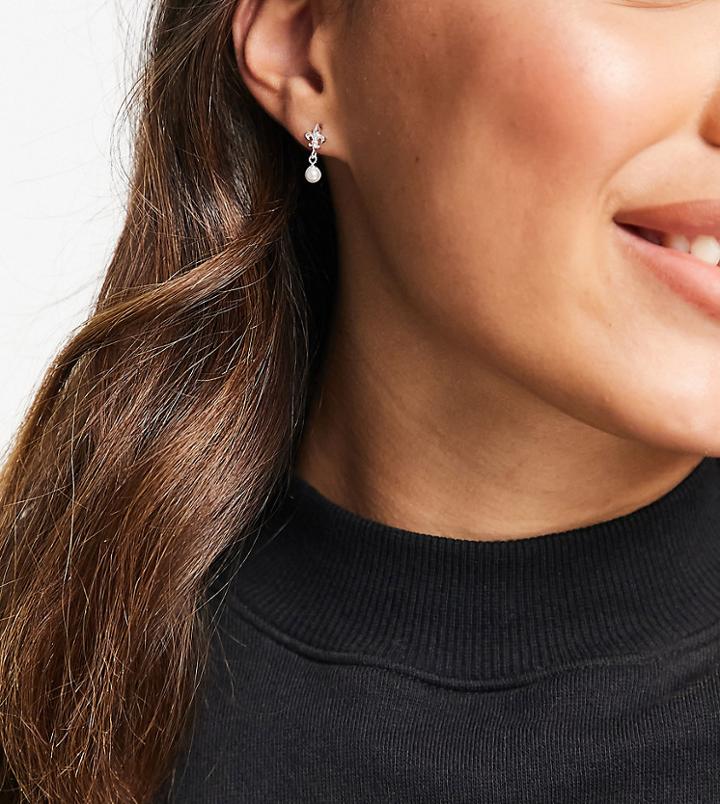 Asos Design Sterling Silver Stud Earrings In Fleur De Lis With Faux Pearl