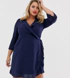 Outrageous Fortune Plus Ruffle Wrap Dress With Fluted Sleeve In Navy