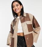 Asos Design Petite Paneled Leather Look Jacket In Brown-multi