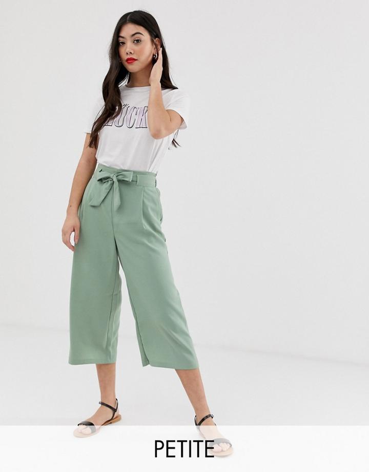 New Look Petite Tie Waist Crop Pants In Green - Green