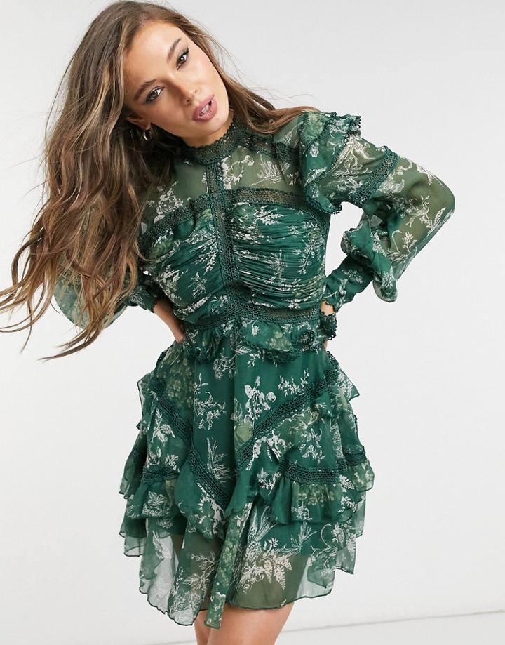 Asos Design Lace Insert Victoriana Mini Dress In Toile De Jour Green Print-multi
