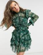 Asos Design Lace Insert Victoriana Mini Dress In Toile De Jour Green Print-multi