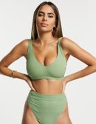 Asos Design Fuller Bust Mix And Match Rib Scoop Crop Bikini Top In Khaki Dd-g-green