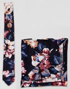 Moss London Tie And Pocket Square Set In Floral Print - Navy
