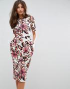 Asos Midi Wiggle Dress In Graphic Floral Print - Multi