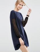 Asos Sweater Dress With Sheer Sleeve Detail - Navy