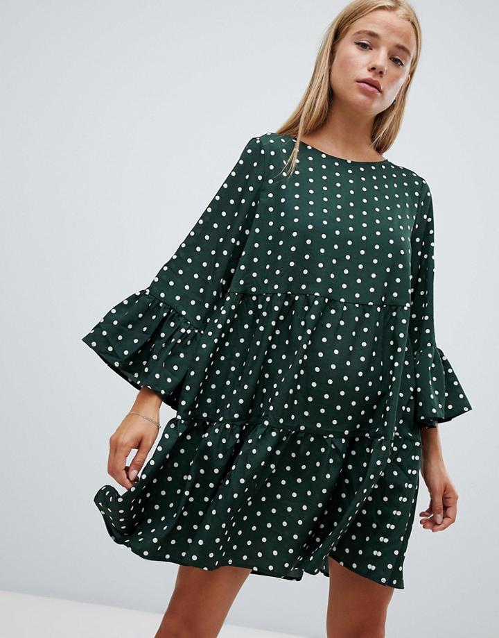 Qed London Frill Detail Shift Dress In Polka Dot Print - Green