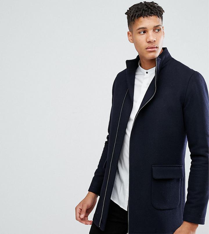Noak Tall Asymmetric Funnel Neck Overcoat - Navy