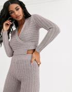 Asos Design Metallic Knit Wrap Front Crop Sweater-gold