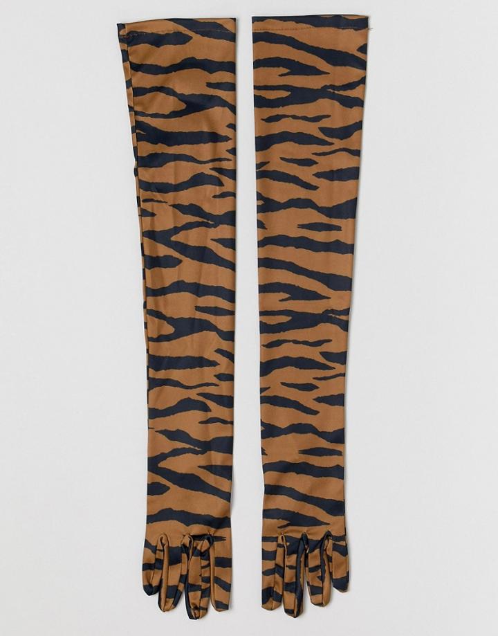Asos Design Over The Elbow Tiger Gloves - Orange