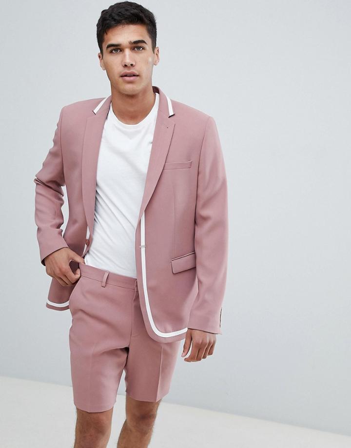 Asos Skinny Suit Jacket In Pink With White Trim - Pink
