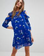 Vero Moda Floral Cold Shoulder Dress With Flutter Shoulders - Blue