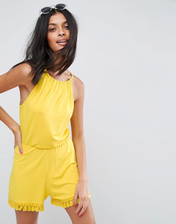 Asos Jersey Halter Neck Romper With Tassel Hem - Yellow