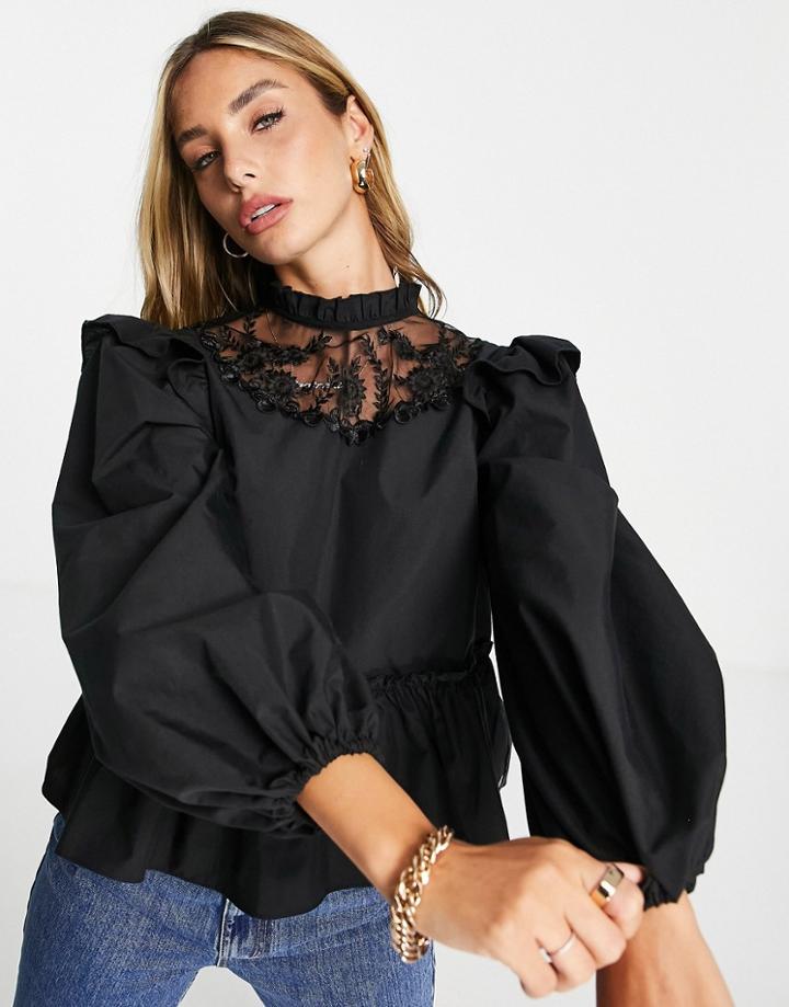River Island Embroidered Yolk Poplin Top In Black