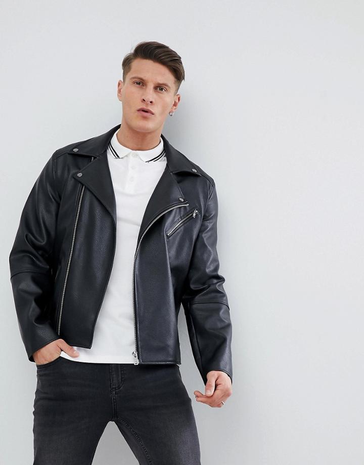 Asos Leather Look Biker Jacket In Black - Black