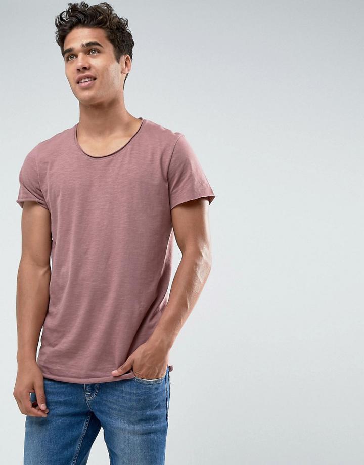 Jack & Jones Originals Long Line T-shirt With Scoop Neck And Raw Hem - Red