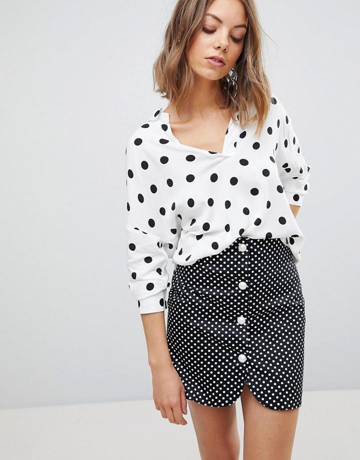 Stradivarius Polka Dot Woven Top With V Front - White
