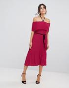 Warehouse Off Shoulder Pleated Tie Neck Dress - Pink