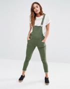 Liquor & Poker Cropped Unravelled Hem Overalls - Khaki