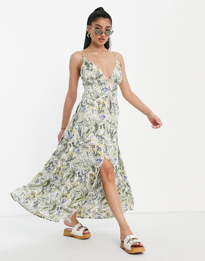 Abercrombie & Fitch Plunge Maxi Dress In Tropical Print-multi