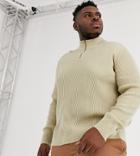 Asos Design Plus Fit Ribbed Half Zip Sweater In Oatmeal-beige