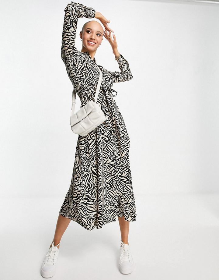 Stradivarius Midi Shirt Dress In Brown Marble Print