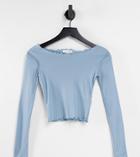 Topshop Petite Long Sleeve Lettuce Top In Denim-blues