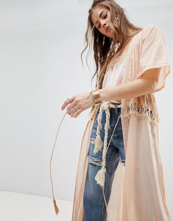 Aratta Tie Front Kimono With Crochet Panel And Tassel Ties - Beige