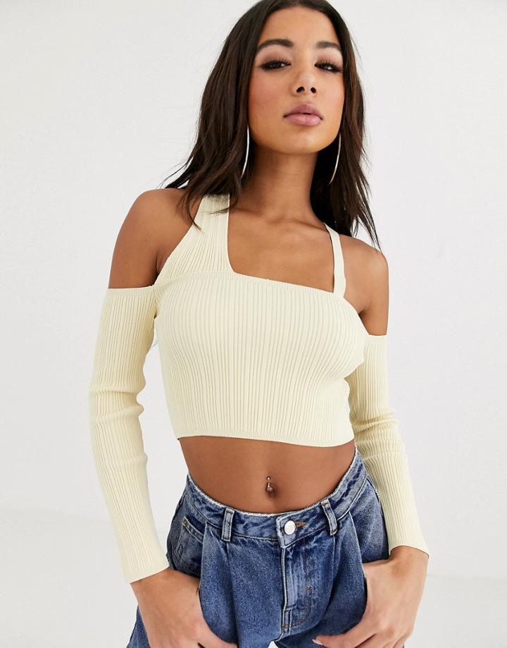 Asos Design Crossover Neck Knit Crop Top-stone