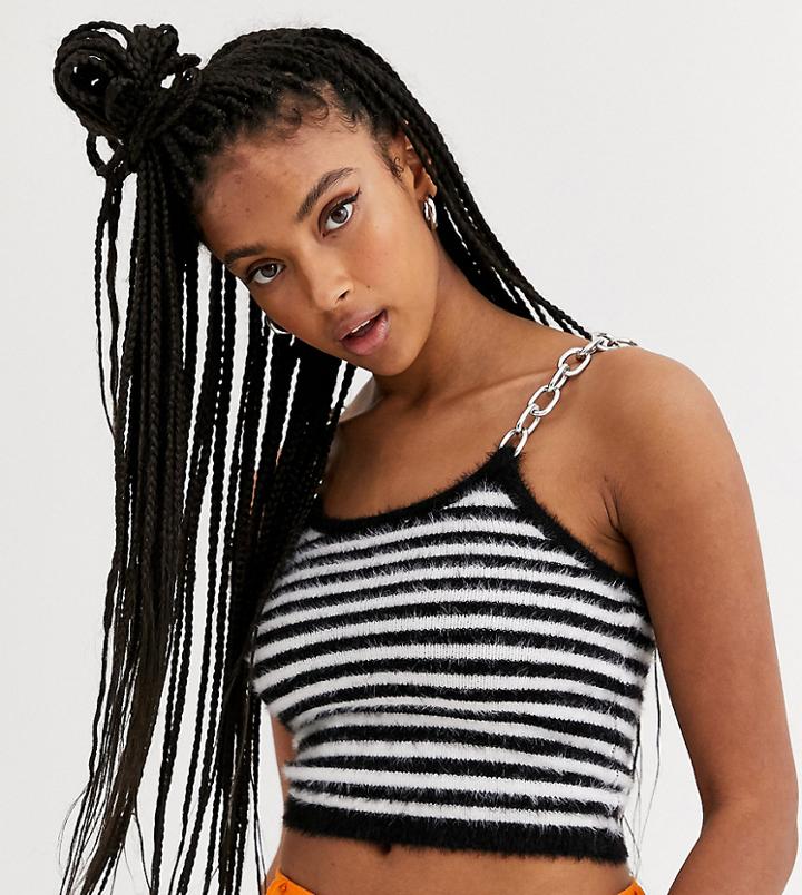 The Ragged Priest Fluffy Knit Crop Top With Chain Straps In Stripe-black