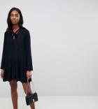 Asos Design Tall Button Front Tie Neck Mini Smock Dress With Long Sleeves - Black