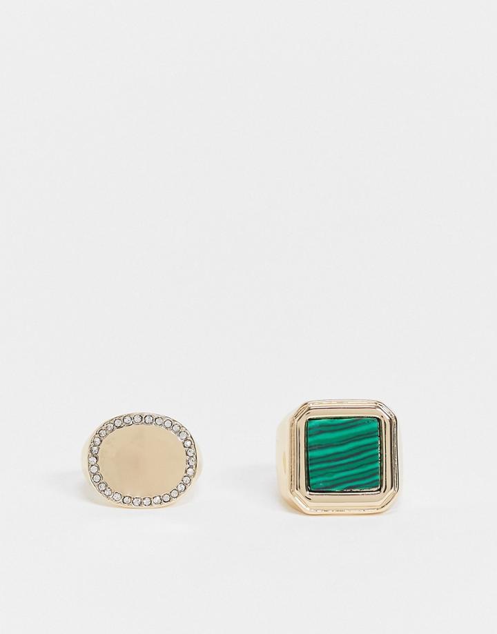 Asos Design Pack Of 2 Rings In Stone Set Sovereign Design In Gold Tone