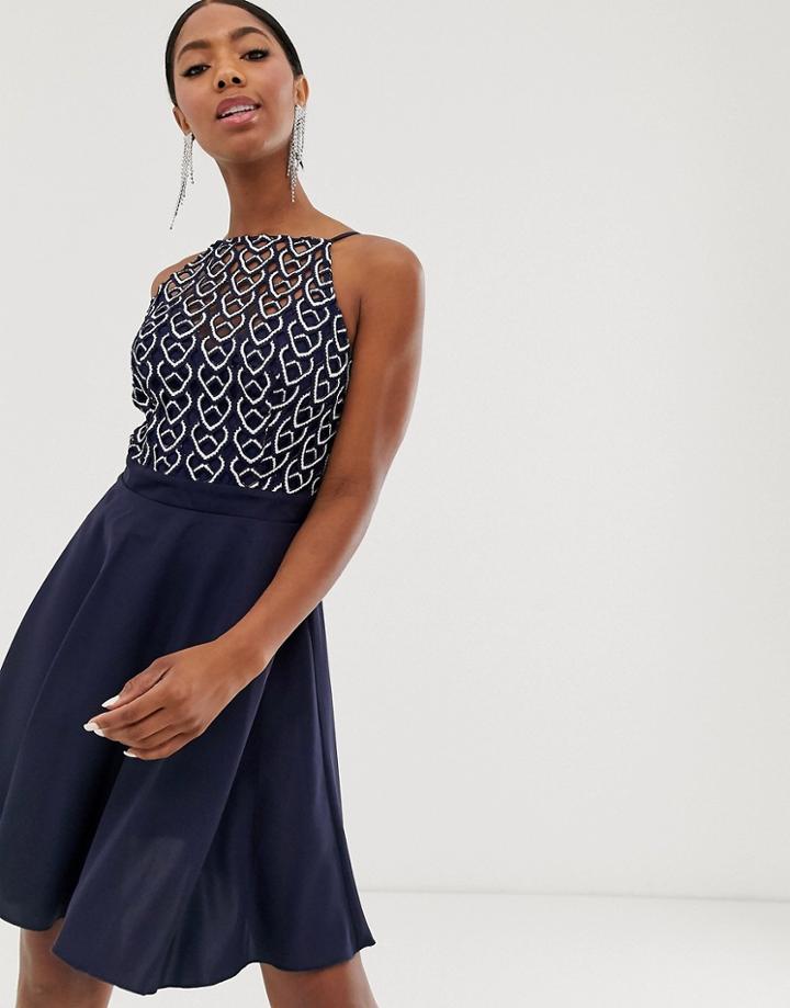 Little Mistress Geo Lace Top Mini Skater Dress In Navy - Navy
